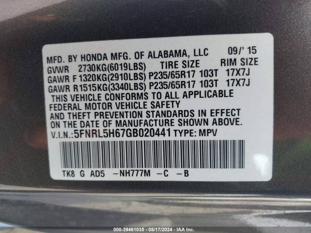 Honda Odyssey Ex-l 2016 5FNRL5H67GB020441 Image 9