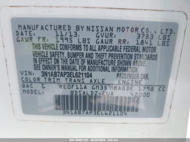 3N1AB7AP3EL621104 Nissan SENTRA SV