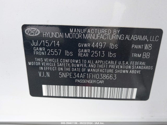 Hyundai Sonata Limited 2015 5NPE34AF1FH038663 Image 9