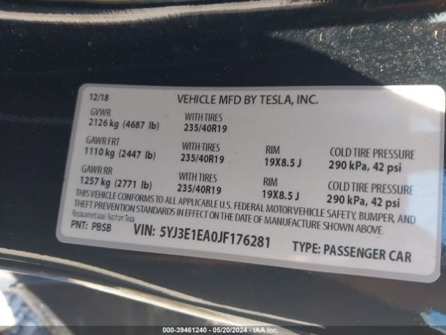 5YJ3E1EA0JF176281 Tesla Model 3 Long Range/mid Range