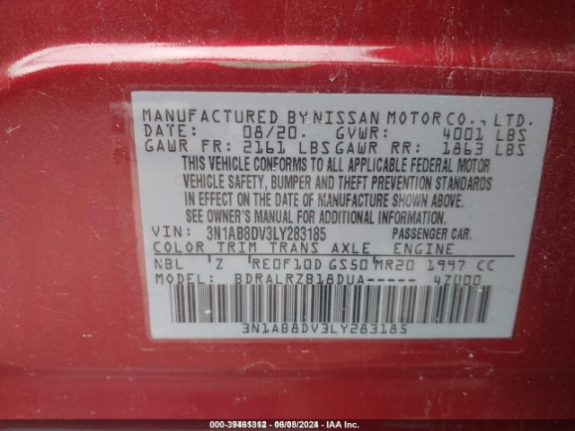 3N1AB8DV3LY283185 Nissan Sentra Sr Xtronic Cvt