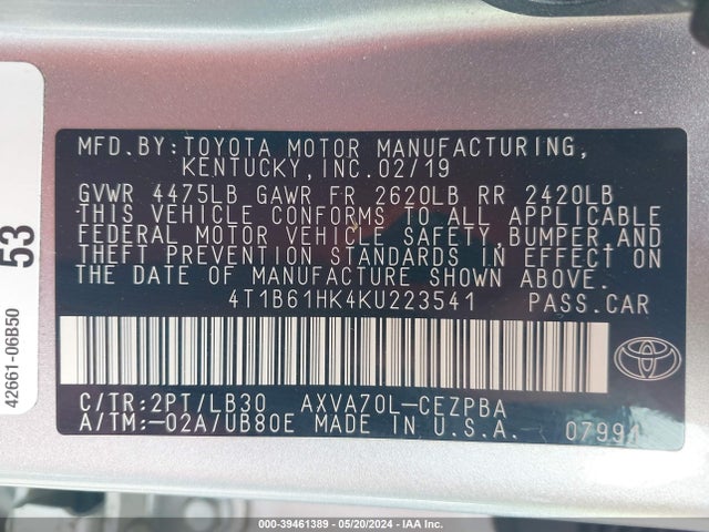 4T1B61HK4KU223541 Toyota CAMRY XSE