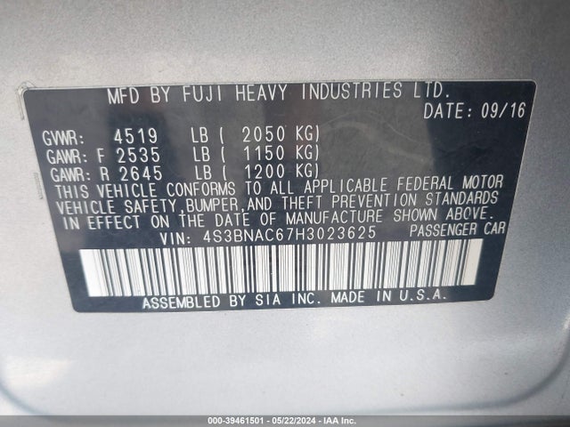 Subaru Legacy 2.5i Premium 2017 4S3BNAC67H3023625 Image 9