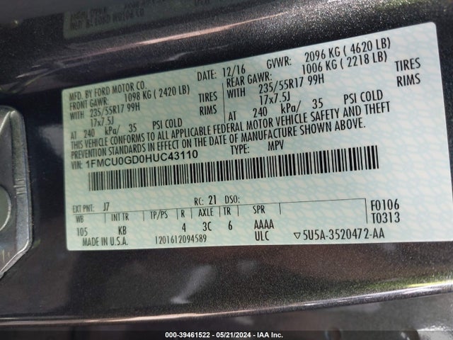 Ford ESCAPE SE 2017 1FMCU0GD0HUC43110 Image 9