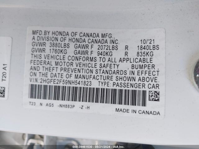 2HGFE2F59NH541823 Honda Civic Sport