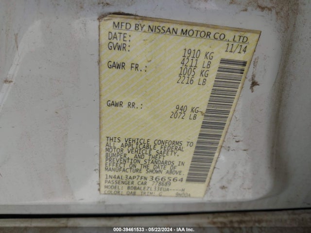 Nissan Altima 2.5 S 2015 1N4AL3AP7FN366564 Image 9