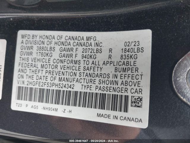 2HGFE2F53PH524342 Honda Civic Sport