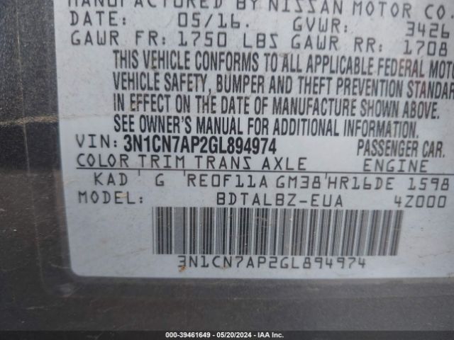 3N1CN7AP2GL894974 Nissan Versa 1.6 S/1.6 S+/1.6 Sl/1.6 Sv