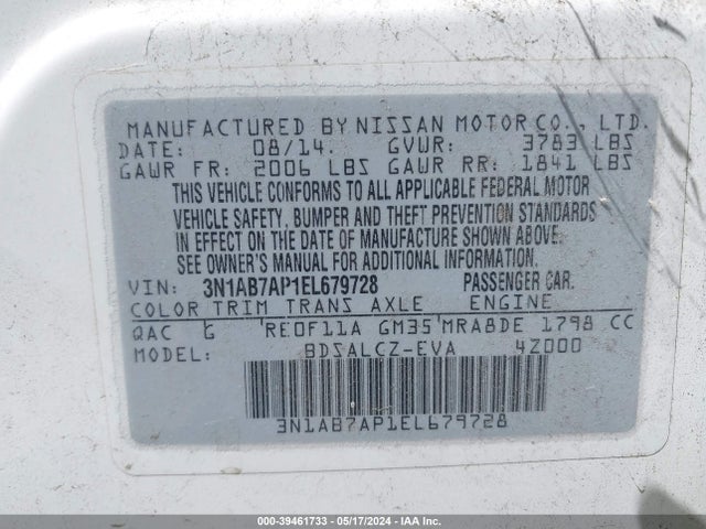 Nissan SENTRA S 2014 3N1AB7AP1EL679728 Image 9