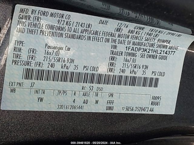 1FADP3K21HL214377 Ford FOCUS SE