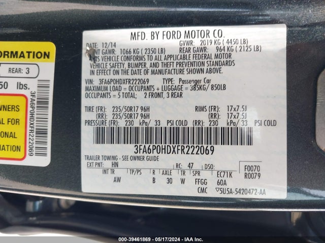 Ford FUSION SE 2015 3FA6P0HDXFR222069 Image 9
