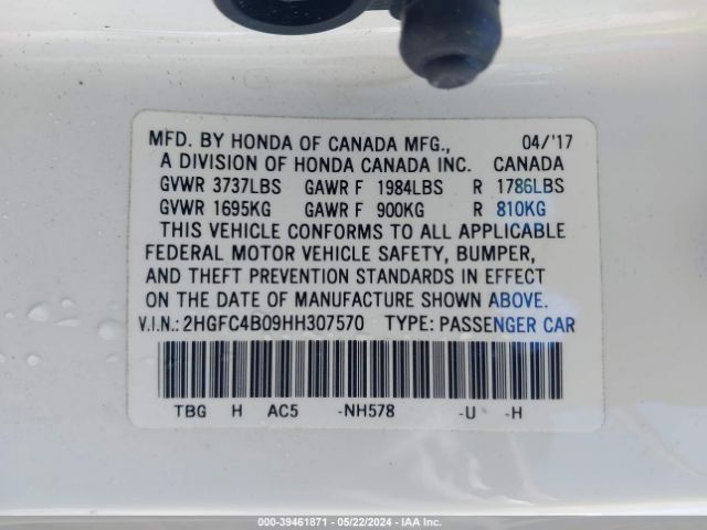 2HGFC4B09HH307570 Honda Civic Lx-p