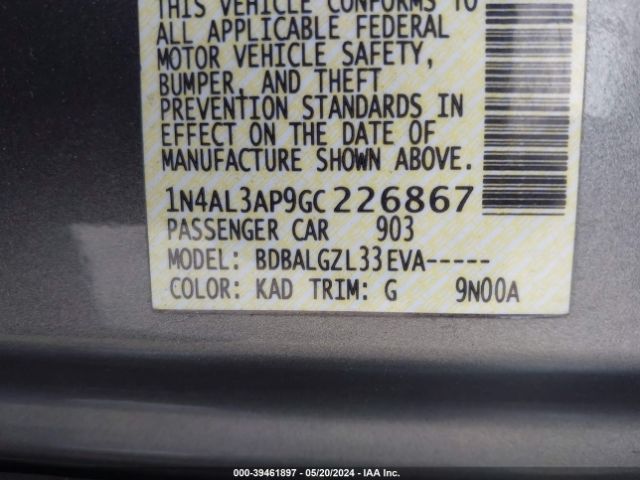 1N4AL3AP9GC226867 Nissan Altima 2.5/2.5 S/2.5 Sl/2.5 Sr/2.5 Sv