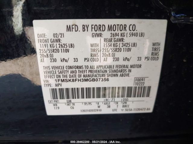 1FMSK8FH3MGB07356 Ford Explorer Limited