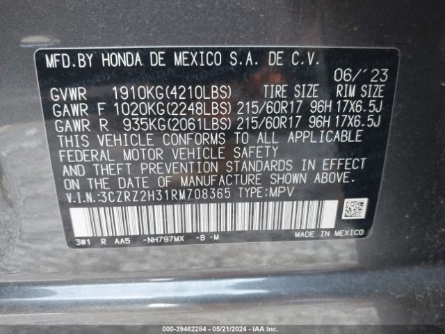 3CZRZ2H31RM708365 Honda Hr-v Awd Lx