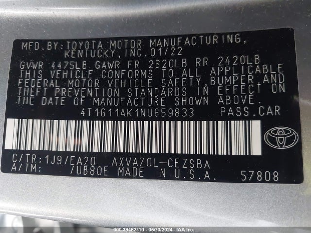 Toyota CAMRY SE 2022 4T1G11AK1NU659833 Image 9