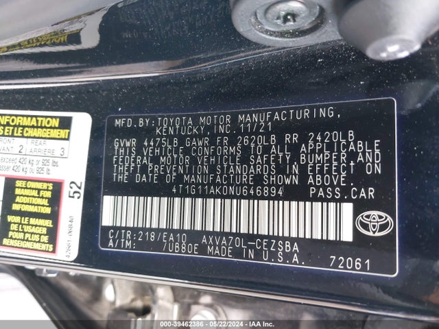 Toyota CAMRY SE 2022 4T1G11AK0NU646894 Image 9