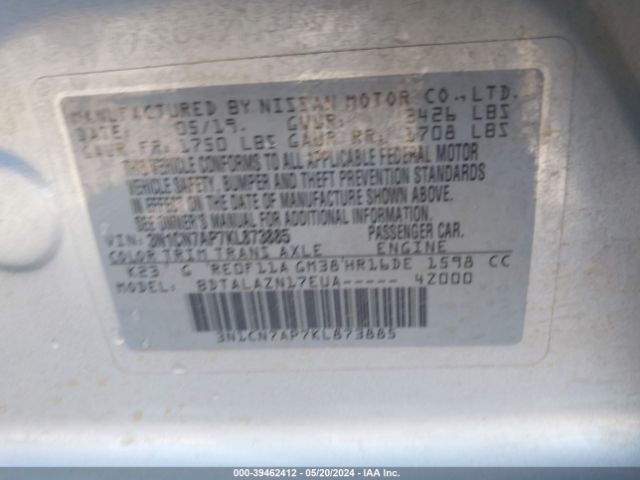 3N1CN7AP7KL873885 Nissan Versa 1.6 S+