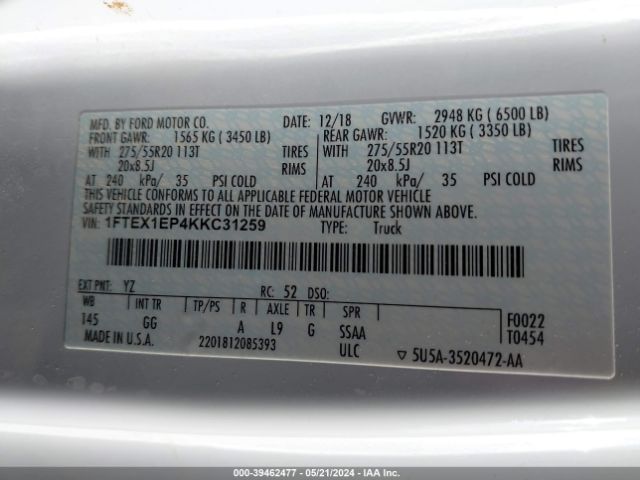 1FTEX1EP4KKC31259 Ford F-150 Xl