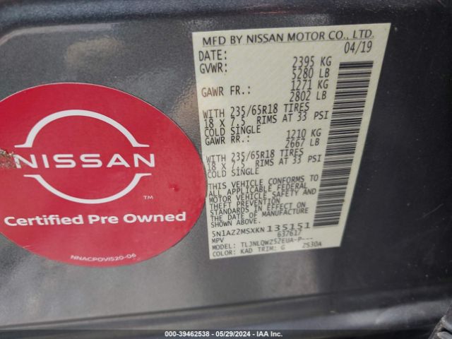 5N1AZ2MSXKN135151 Nissan MURANO SV