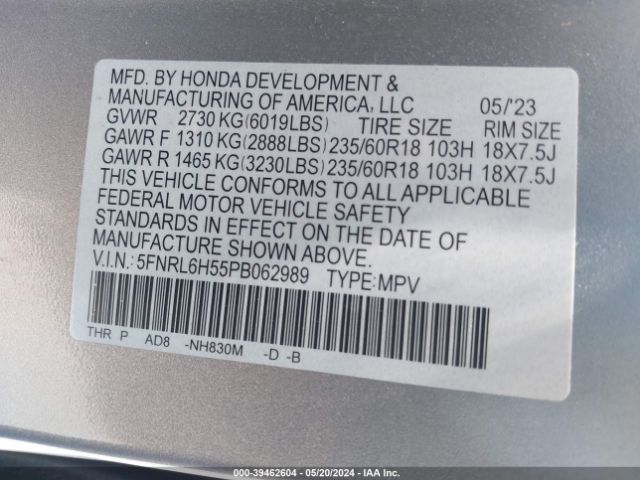 5FNRL6H55PB062989 Honda ODYSSEY EX