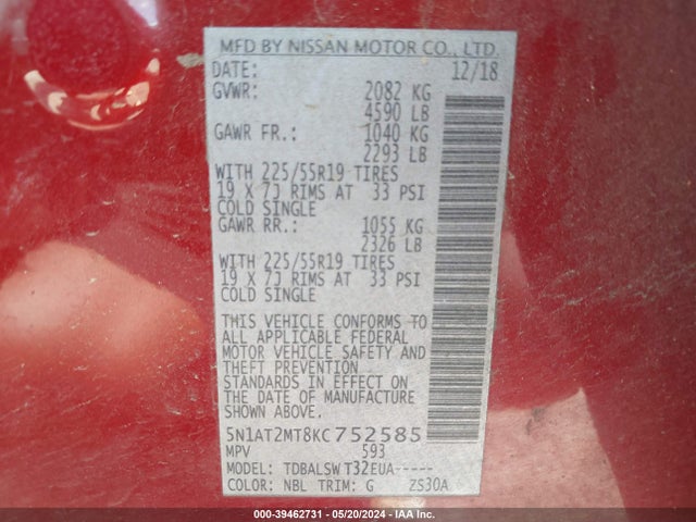 Nissan Rogue Sl 2019 5N1AT2MT8KC752585 Image 9