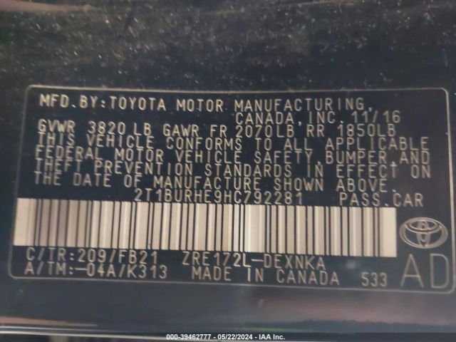 2T1BURHE9HC792281 Toyota COROLLA LE
