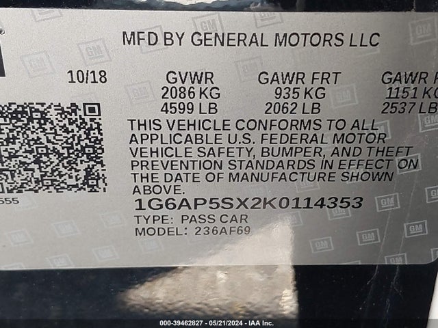 1G6AP5SX2K0114353 Cadillac Cts Standard