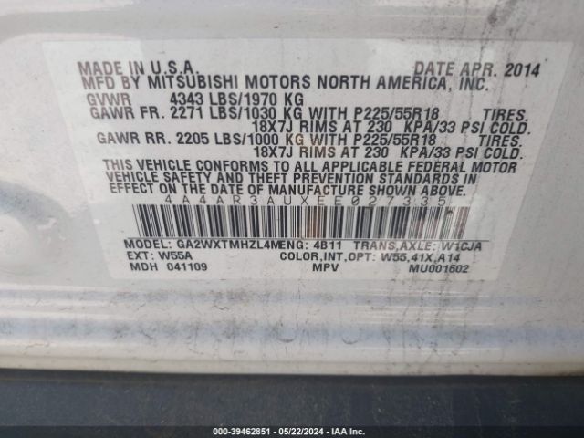 4A4AR3AUXEE027335 Mitsubishi Outlander Sport Es