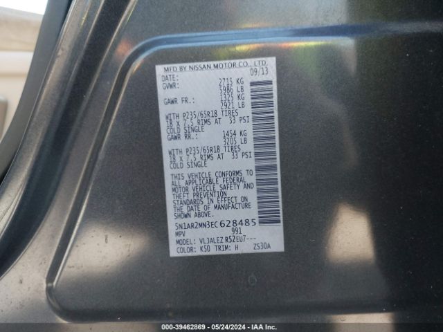 5N1AR2MN3EC628485 Nissan Pathfinder Sv