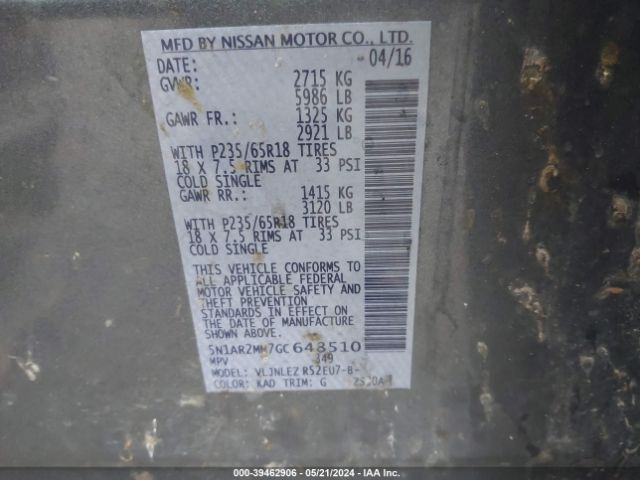 5N1AR2MM7GC648510 Nissan Pathfinder Platinum/s/sl/sv