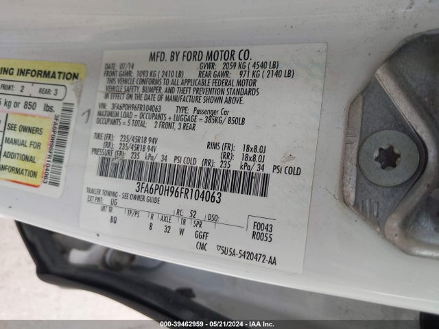 Ford FUSION SE 2015 3FA6P0H96FR104063 Image 9