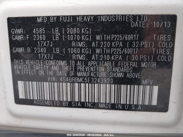 Subaru Outback 2.5i Limited 2014 4S4BRBMC5E3243920 Image 9