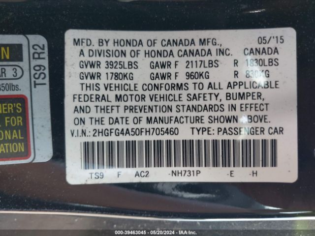 2HGFG4A50FH705460 Honda CIVIC SI