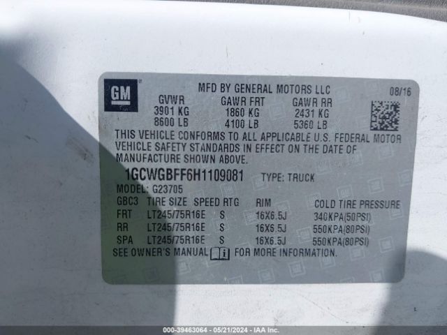 1GCWGBFF6H1109081 Chevrolet Express 2500 Work Van