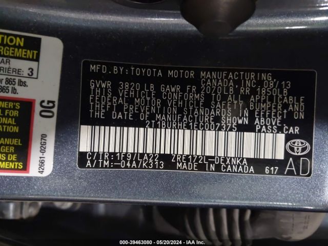 2T1BURHE1EC007375 Toyota Corolla Le Premium