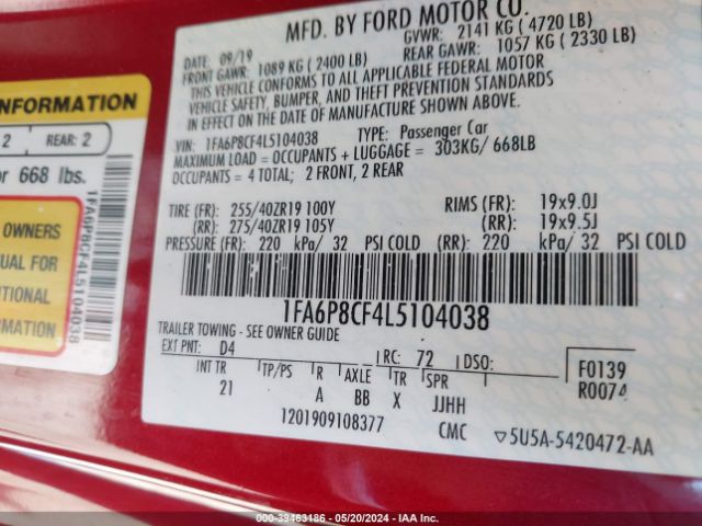 1FA6P8CF4L5104038 Ford Mustang Gt Fastback