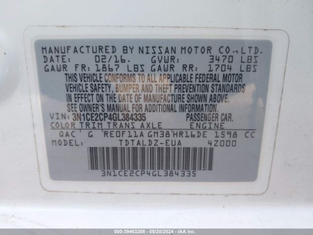 3N1CE2CP4GL384335 Nissan Versa Note S (sr)/s Plus/sl/sr/sv