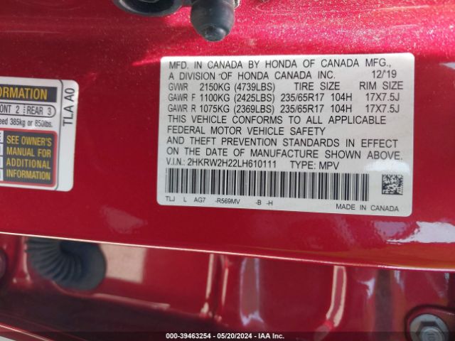 2HKRW2H22LH610111 Honda Cr-v Awd Lx