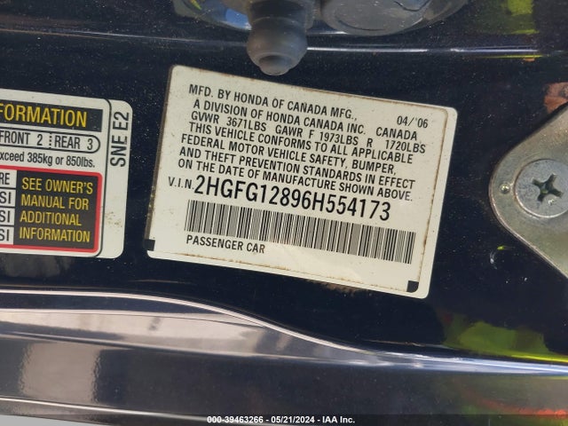 Продаж на аукціоні авто 2006 Honda Civic Ex, vin: 2HGFG12896H554173, номер лоту: 39463266