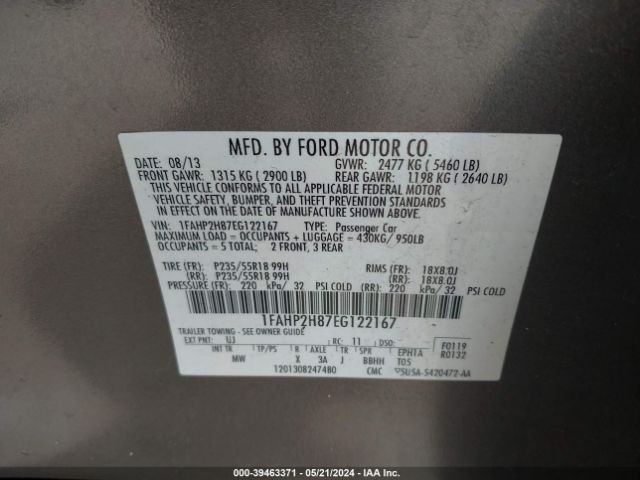 1FAHP2H87EG122167 Ford TAURUS SEL