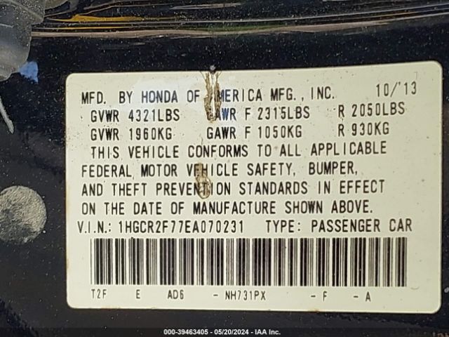 1HGCR2F77EA070231 Honda ACCORD EX