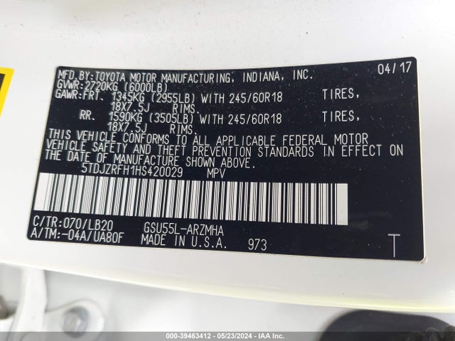 Toyota Highlander Xle 2017 5TDJZRFH1HS420029 Image 9