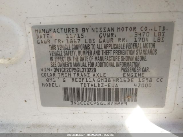 3N1CE2CP5GL373229 Nissan Versa Note S (sr)/s Plus/sl/sr/sv
