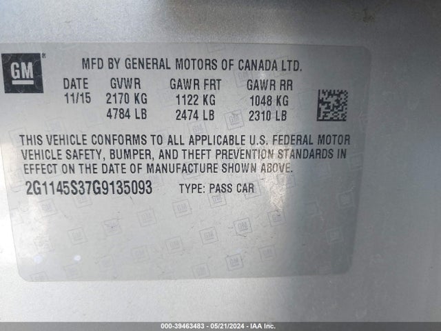 Chevrolet IMPALA 2LZ 2016 2G1145S37G9135093 Image 9