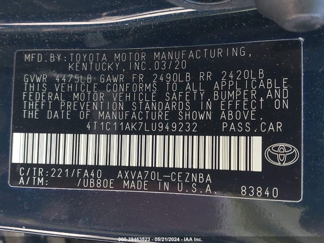 Toyota CAMRY LE 2020 4T1C11AK7LU949232 Image 9