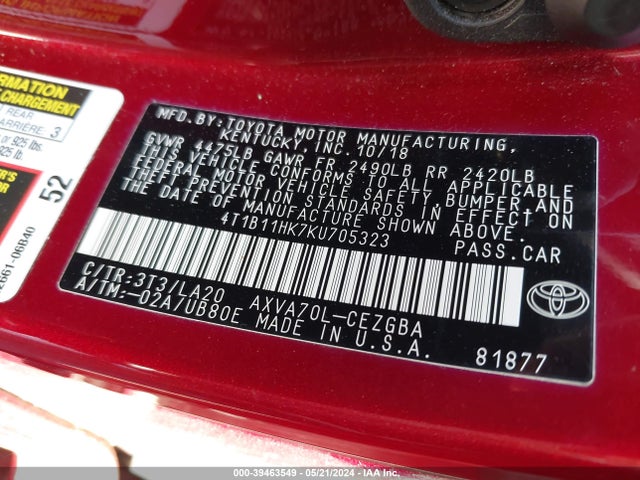 Toyota CAMRY XLE 2019 4T1B11HK7KU705323 Image 9