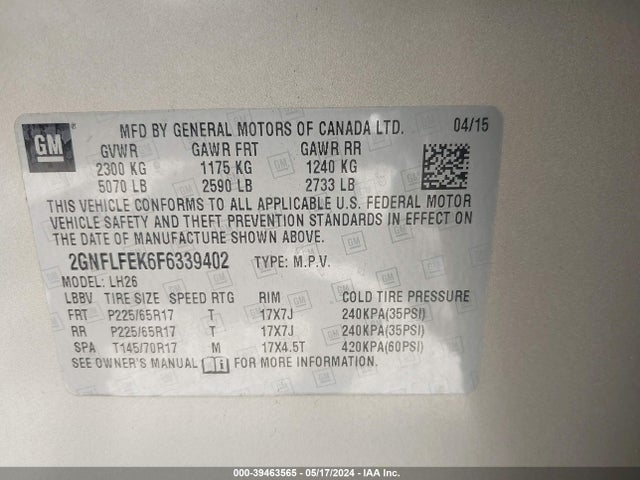 Chevrolet EQUINOX 1LT 2015 2GNFLFEK6F6339402 Image 9