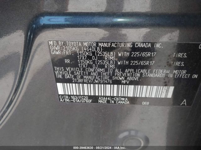 2T3RFREV7JW791476 Toyota Rav4 Xle