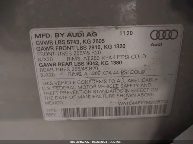 WA1C4AFY7M2028712 Audi Sq5 Prestige Tfsi Quattro Tiptronic